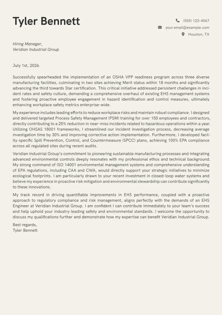 EHS Engineer cover letter example preview