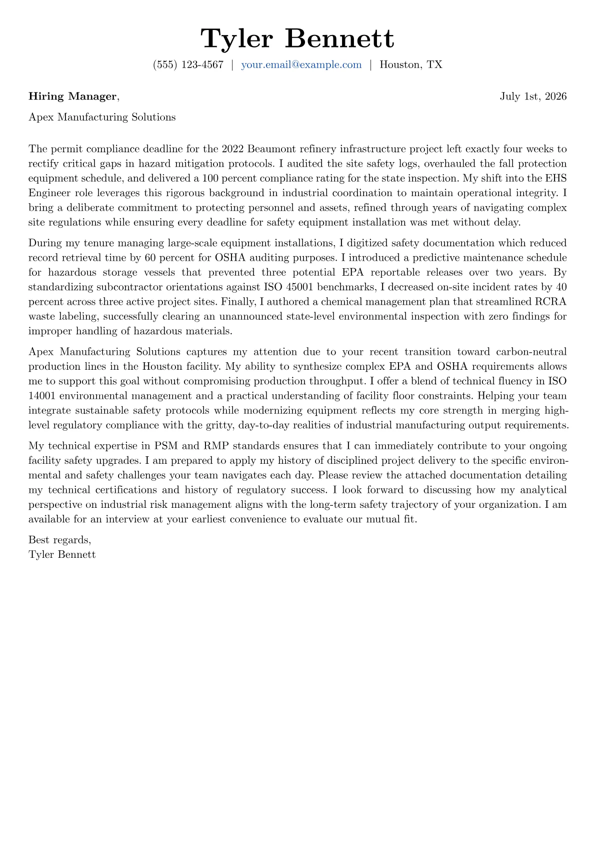 EHS Engineer cover letter in the Basic design