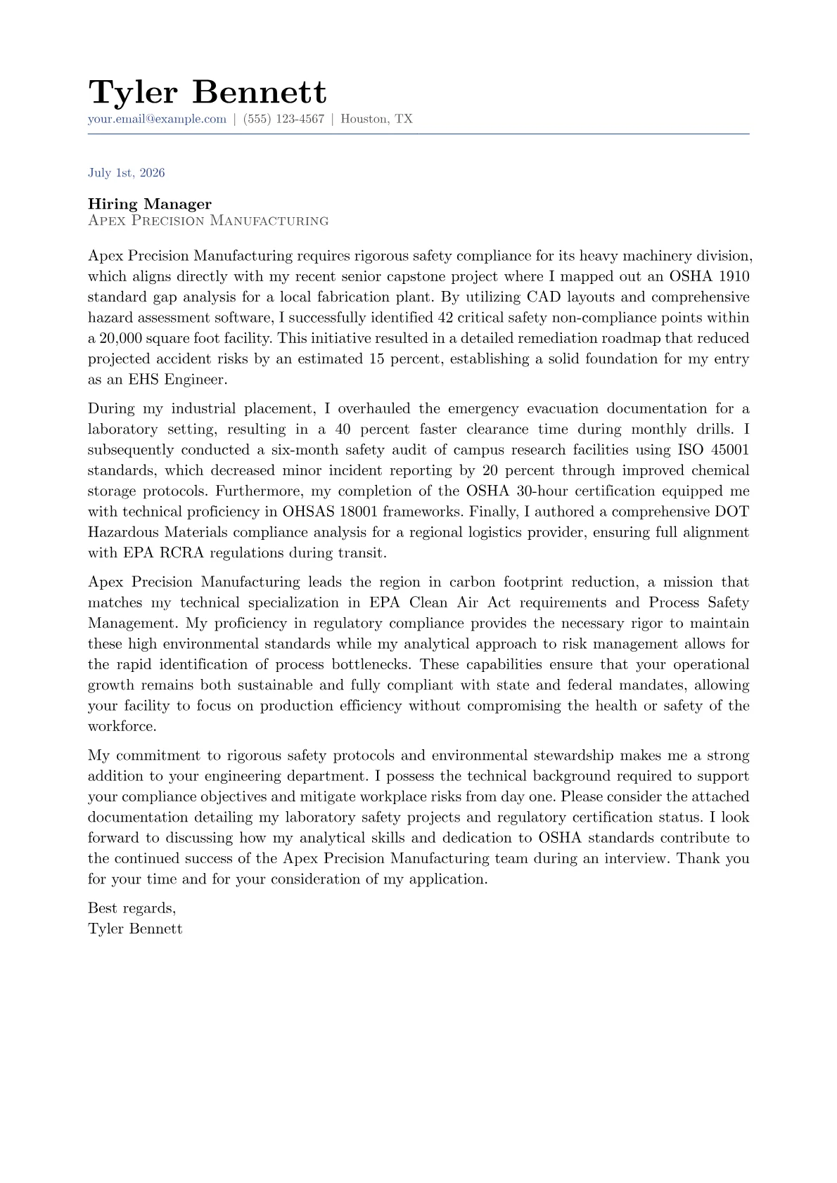 EHS Engineer cover letter in the Classic design