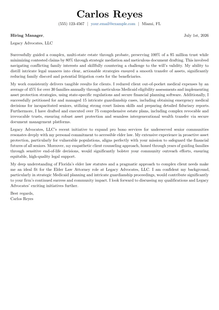 Elder Law Attorney cover letter example preview