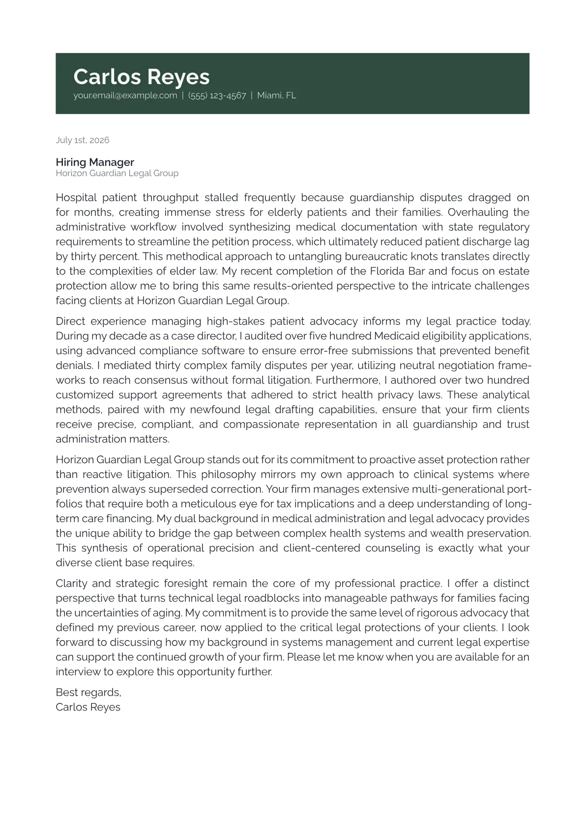 Elder Law Attorney cover letter in the Banner design