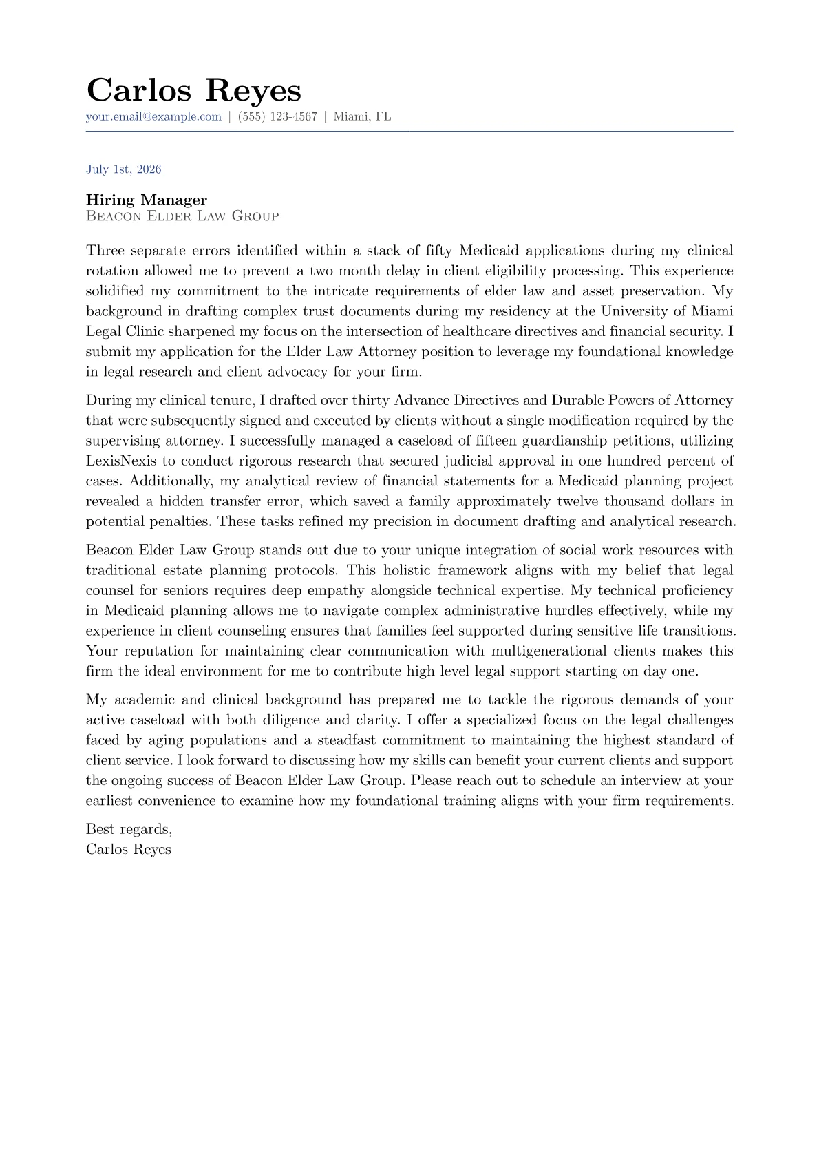 Elder Law Attorney cover letter in the Classic design