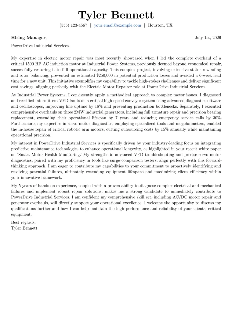 Electric Motor Repairer cover letter example preview