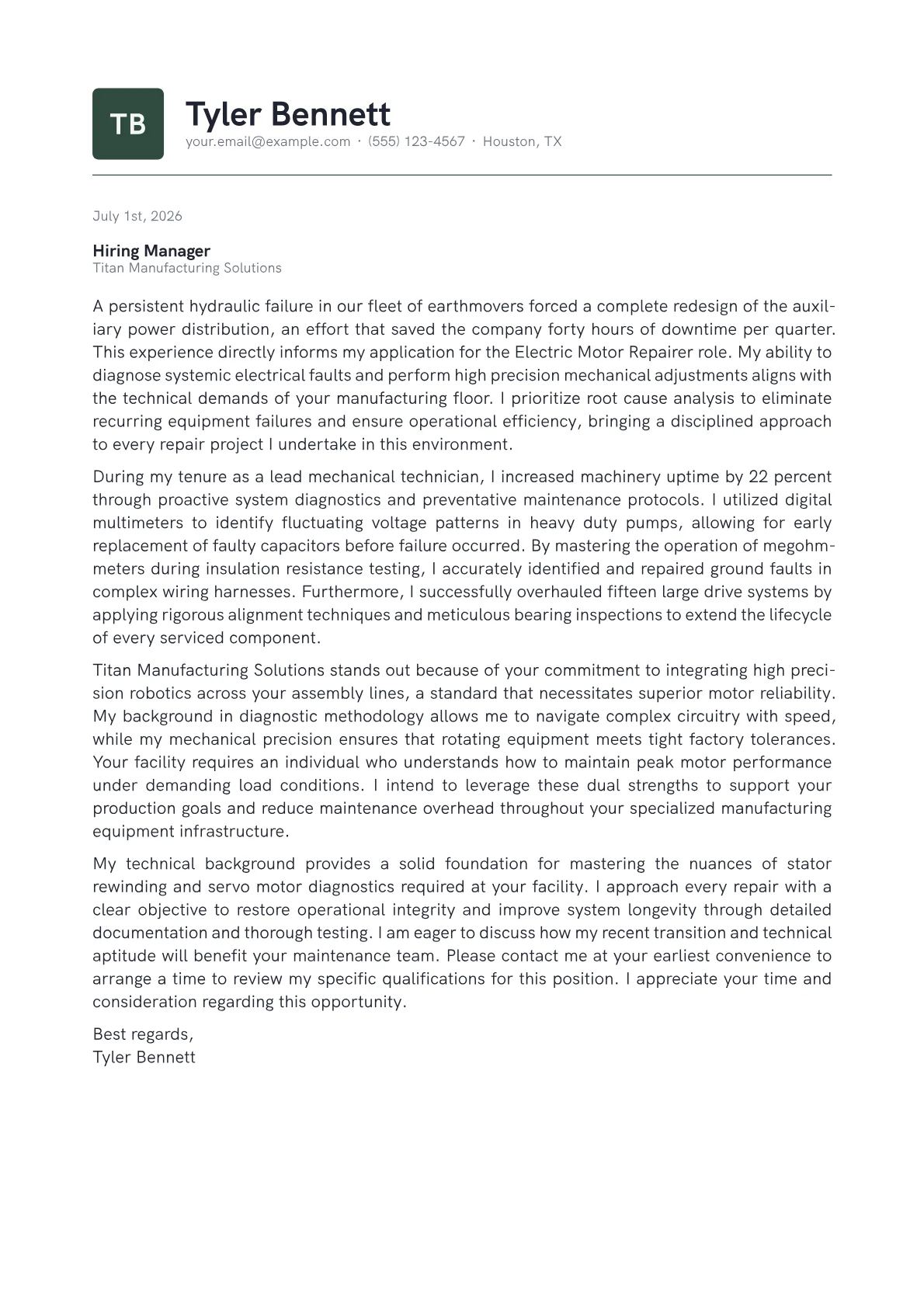 Electric Motor Repairer cover letter in the Emblem design