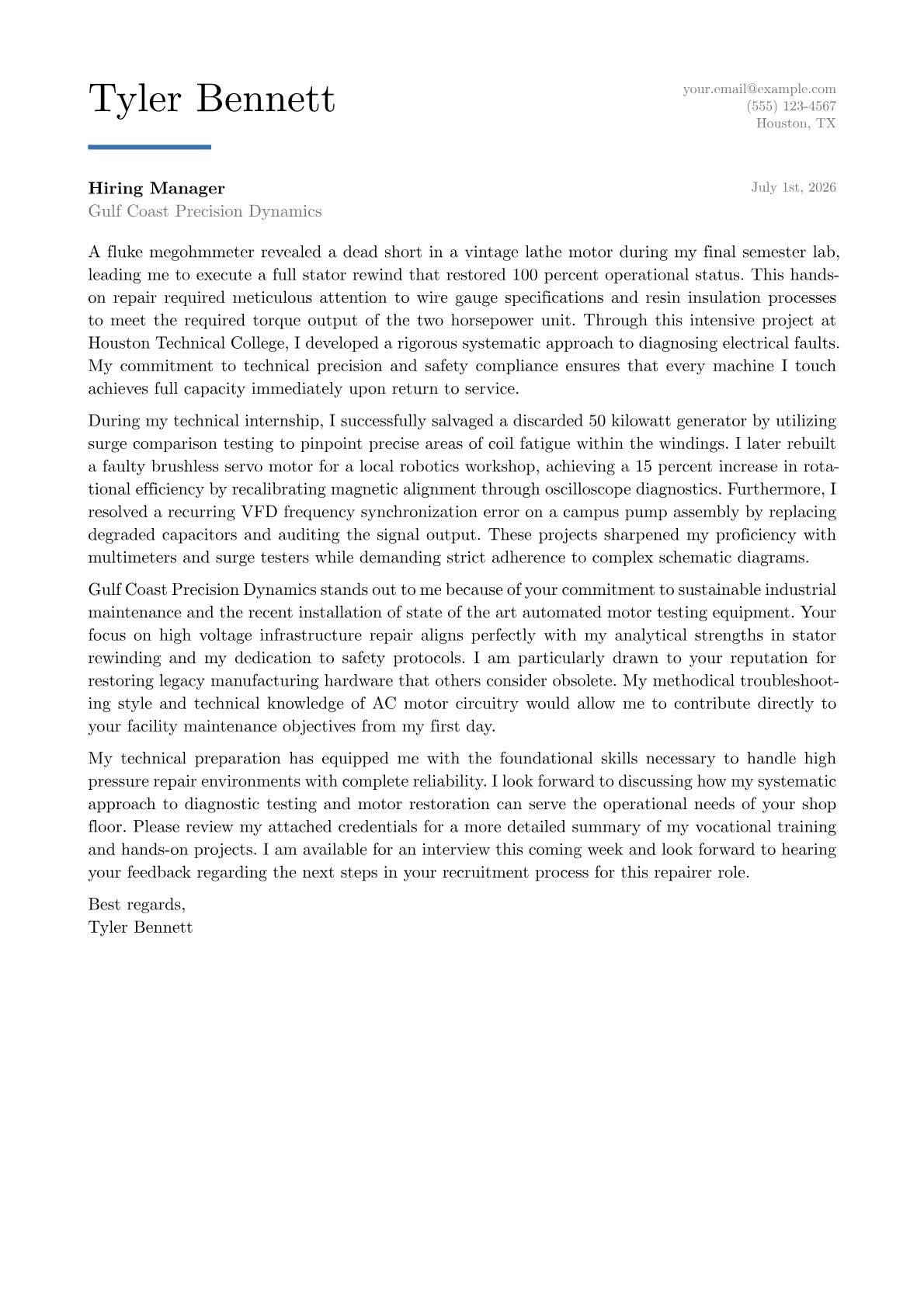 Electric Motor Repairer cover letter in the Executive design