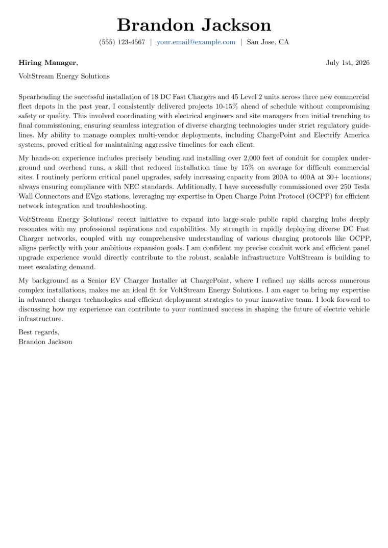 Electric Vehicle Charger Installer cover letter example