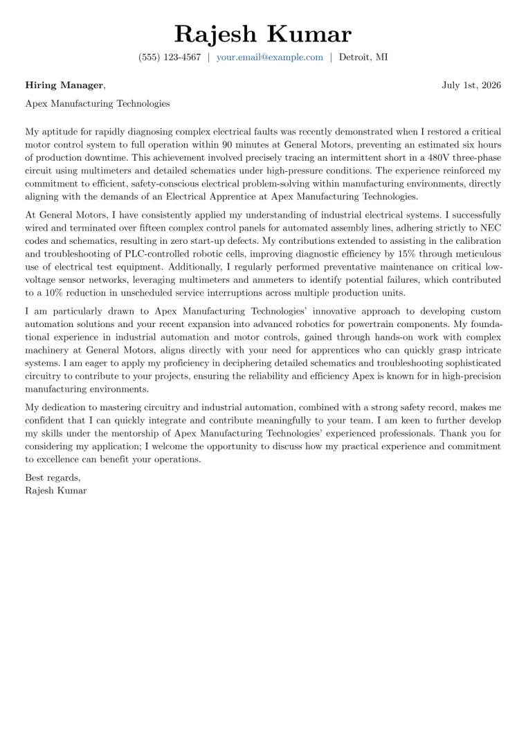 Electrical Apprentice Cover Letter Example