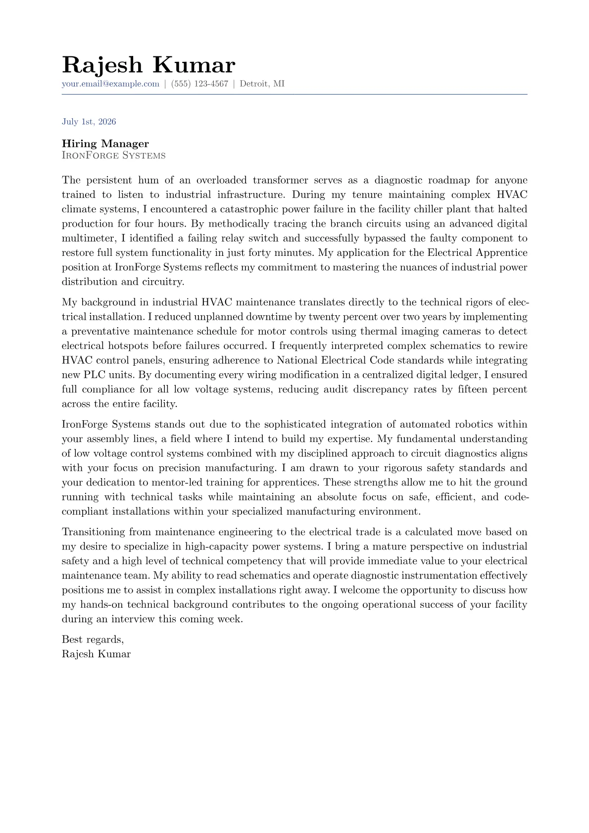 Electrical Apprentice cover letter in the Classic design