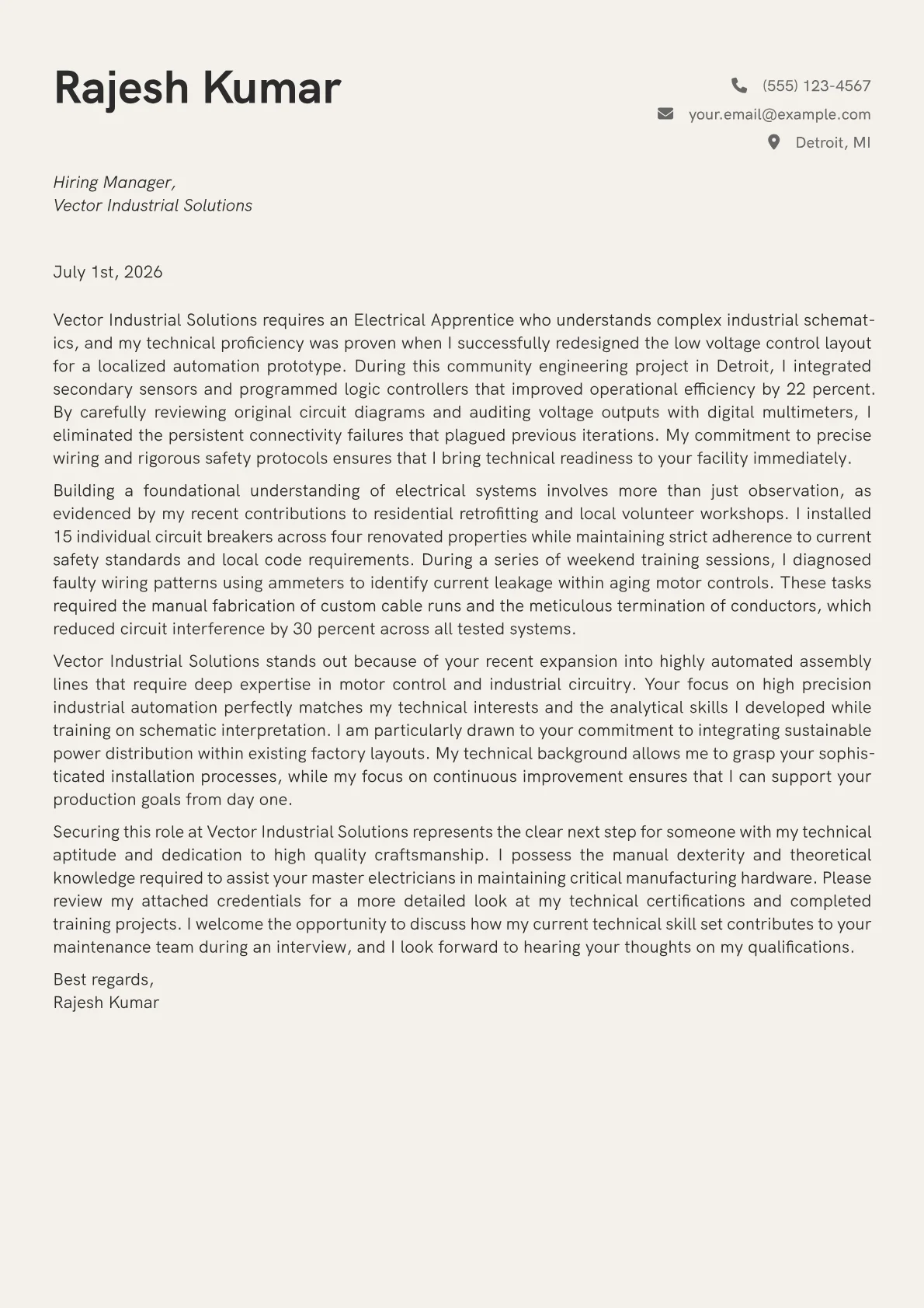 Electrical Apprentice cover letter in the Creative design