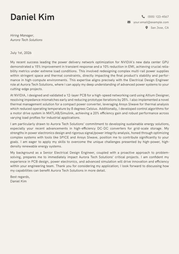 Electrical Design Engineer cover letter example preview