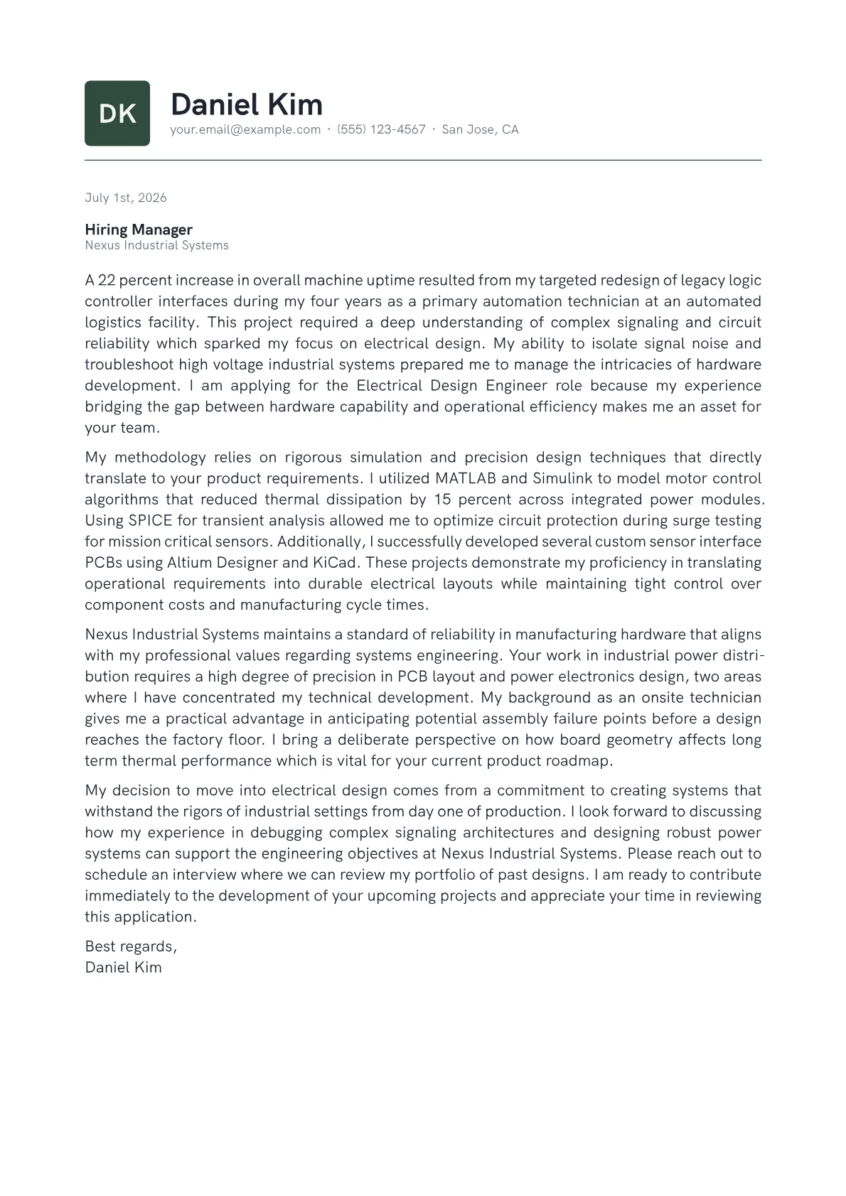 Electrical Design Engineer cover letter in the Emblem design