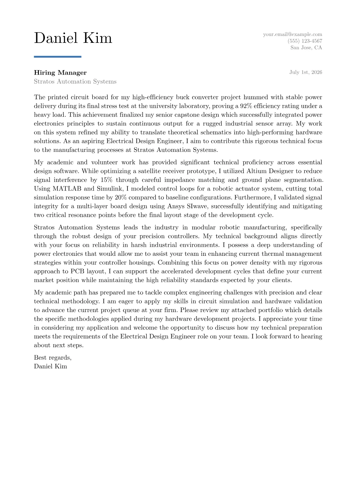 Electrical Design Engineer cover letter in the Executive design