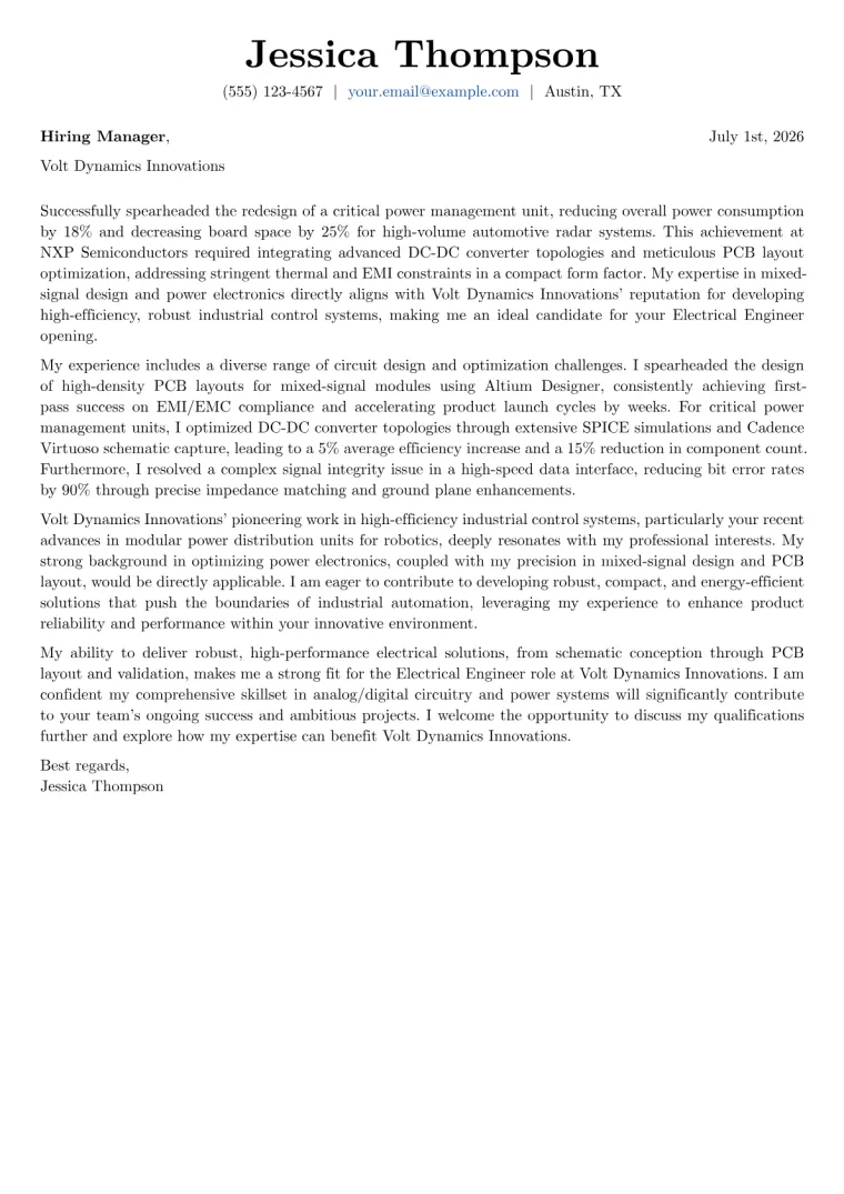 Electrical Engineer Cover Letter Example