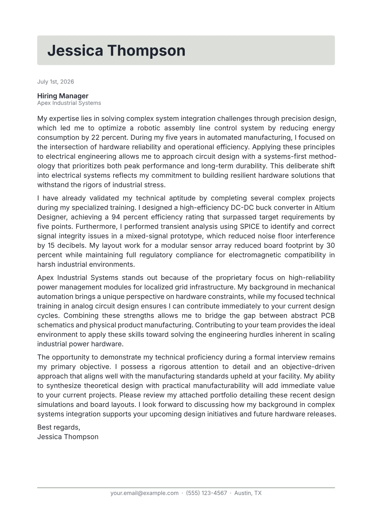 Electrical Engineer cover letter in the Letterhead design