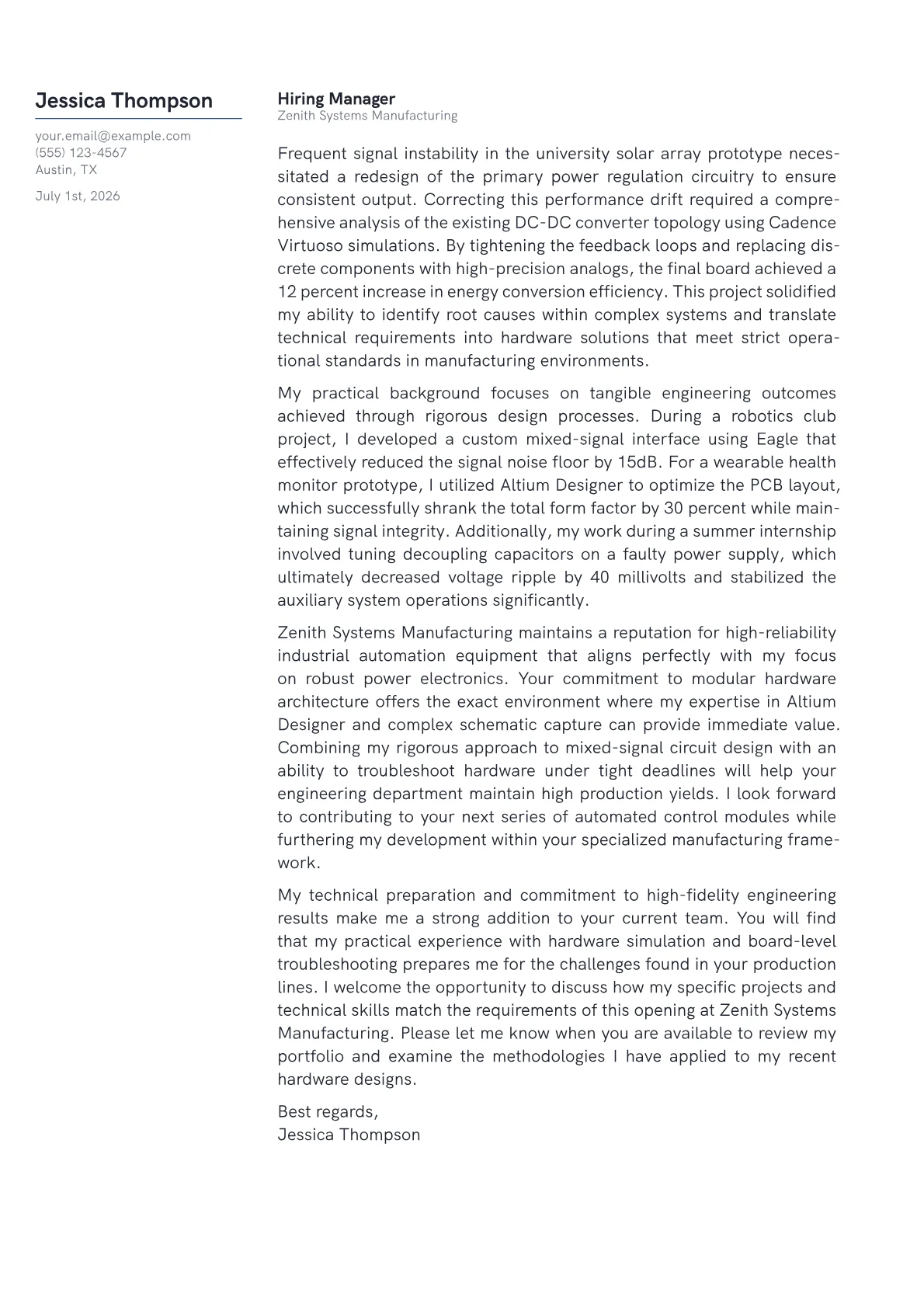 Electrical Engineer cover letter in the Margin design
