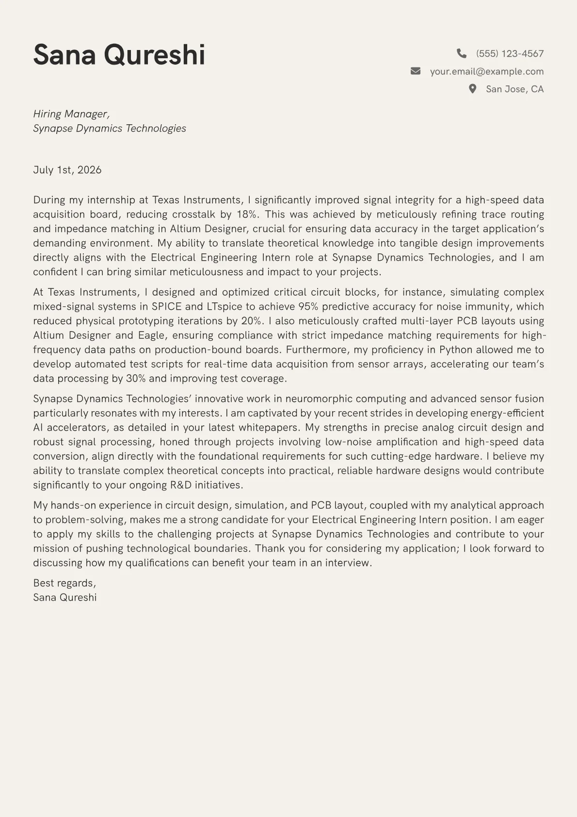 Electrical Engineering Intern cover letter formatted with a JobSprout template
