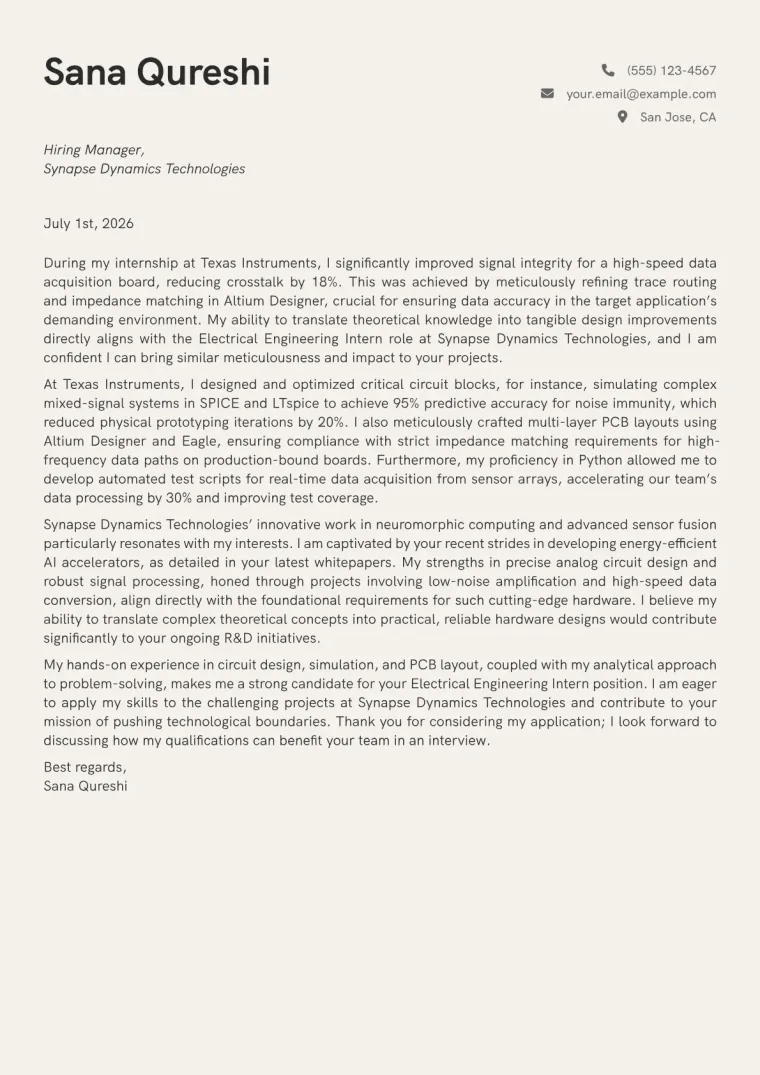 Electrical Engineering Intern Cover Letter Example
