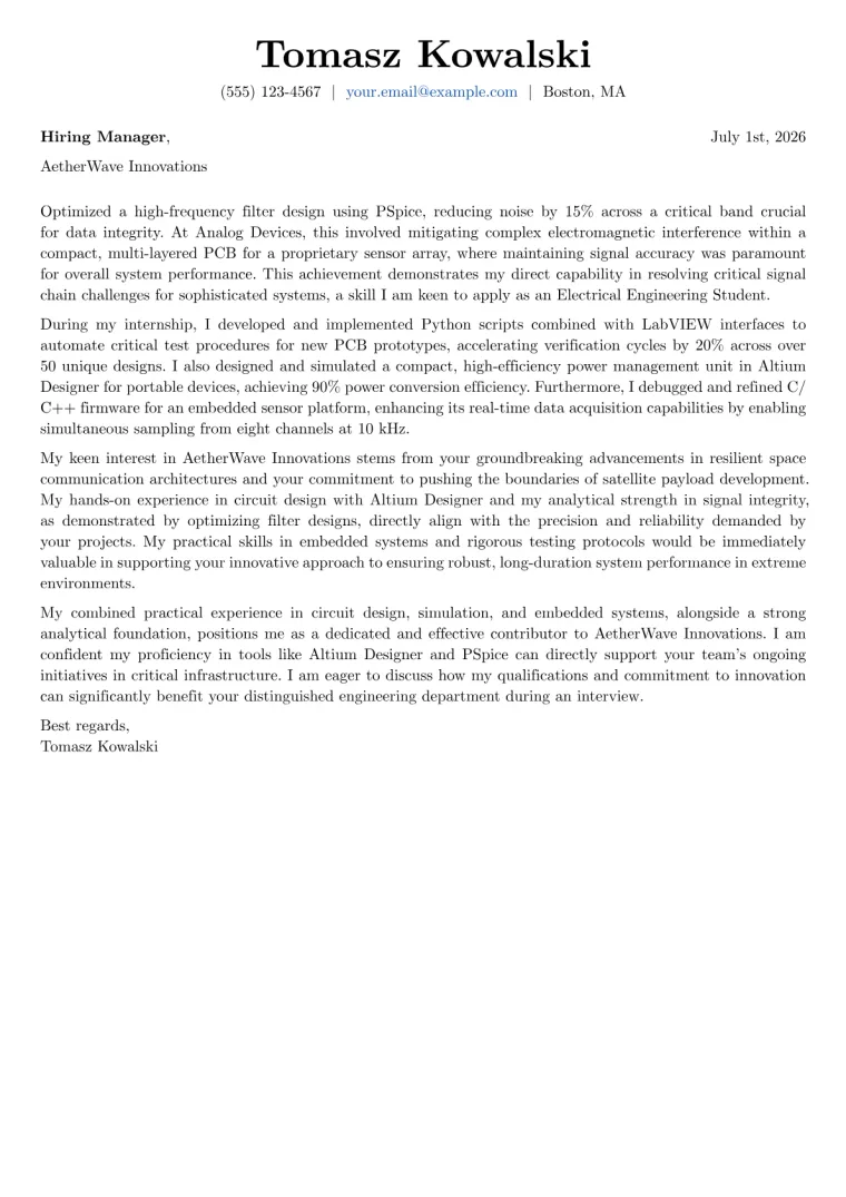 Electrical Engineering Student cover letter example preview