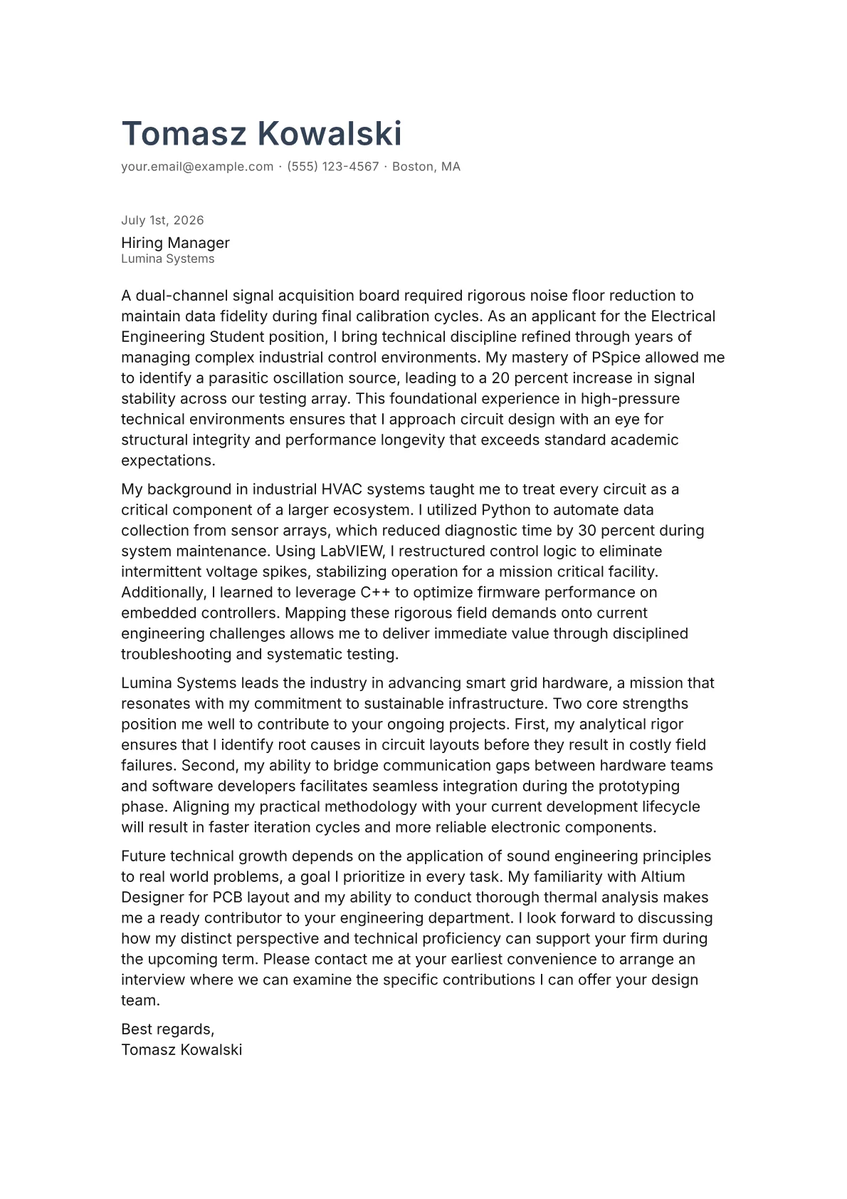 Electrical Engineering Student cover letter in the Minimal design