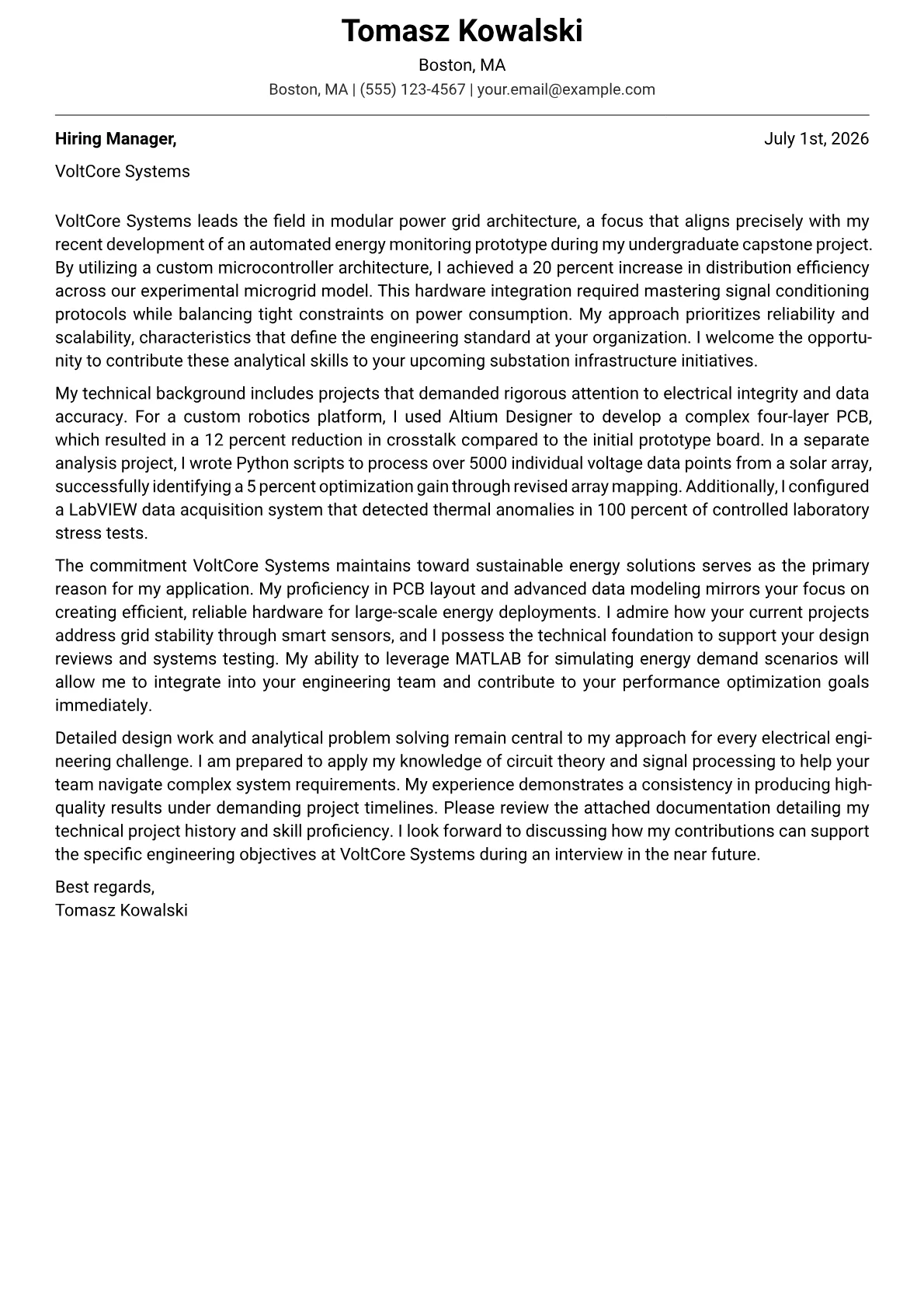 Electrical Engineering Student cover letter in the Modern design