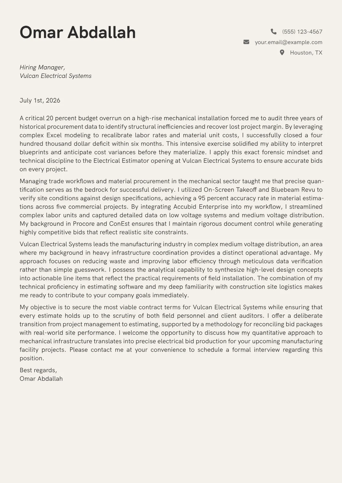 Electrical Estimator cover letter in the Creative design