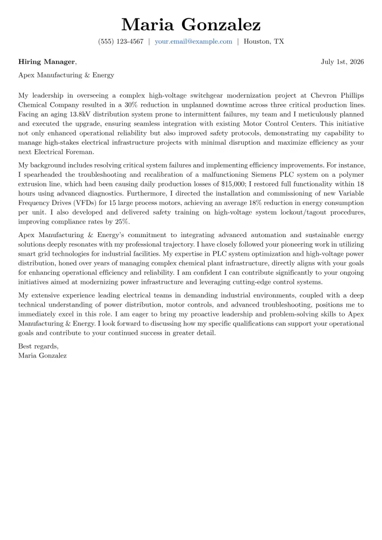 Electrical Foreman cover letter example preview