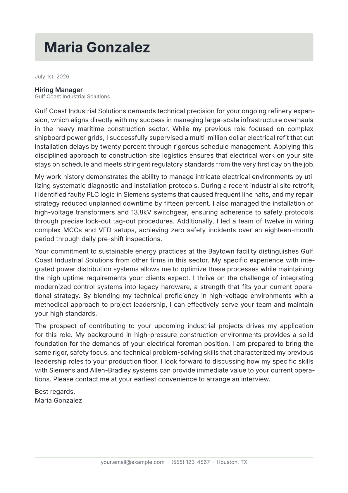 Electrical Foreman cover letter in the Letterhead design
