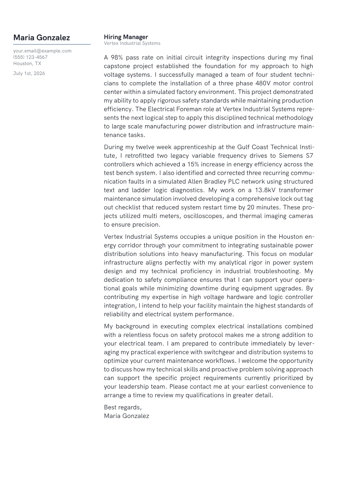 Electrical Foreman cover letter in the Margin design