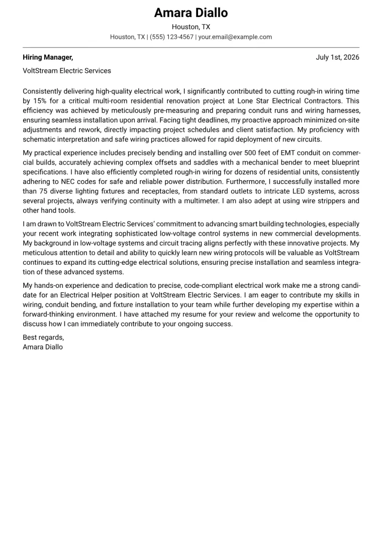 Electrical Helper cover letter example