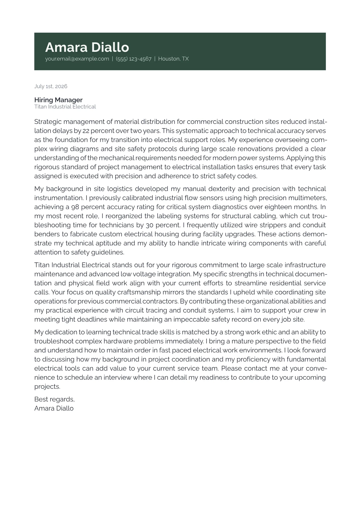 Electrical Helper cover letter in the Banner design