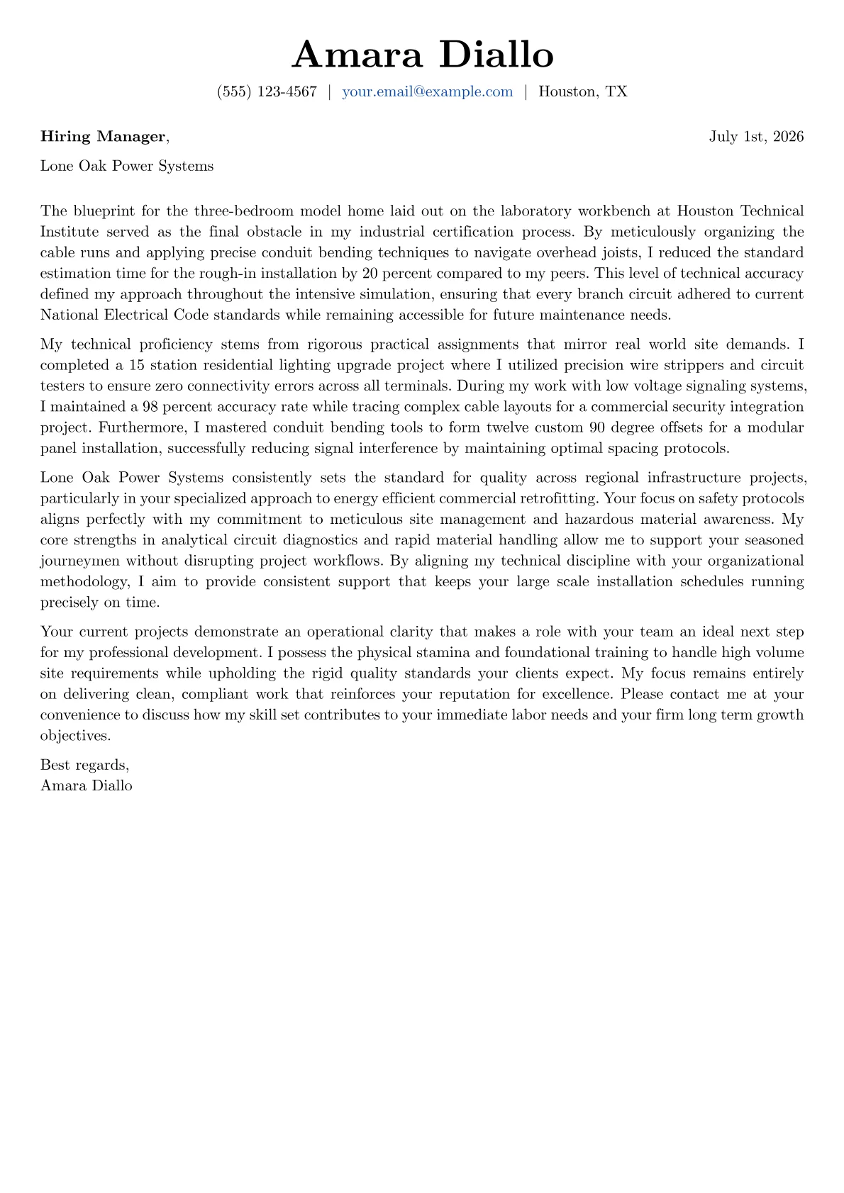 Electrical Helper cover letter in the Basic design