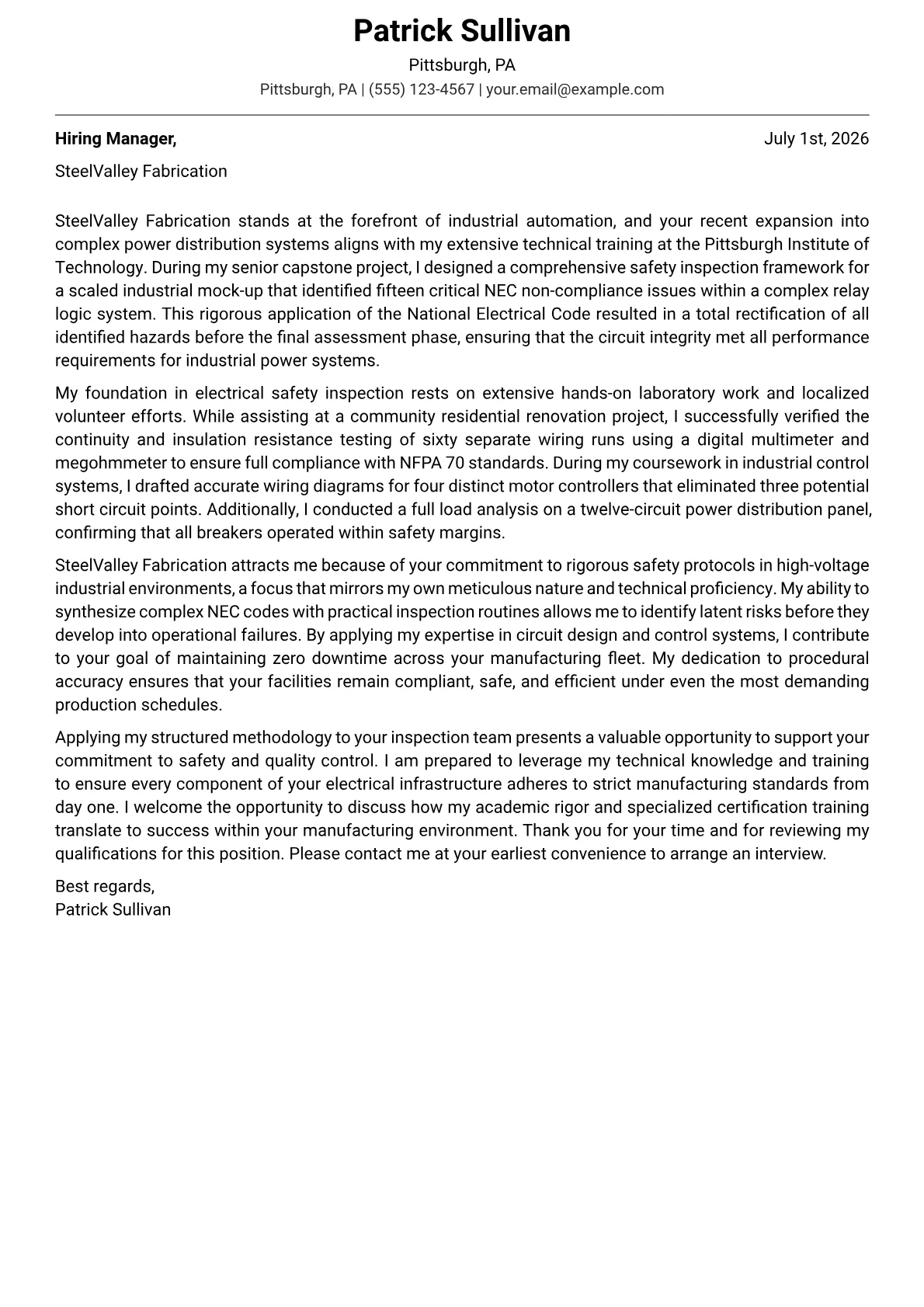 Electrical Inspector cover letter in the Modern design