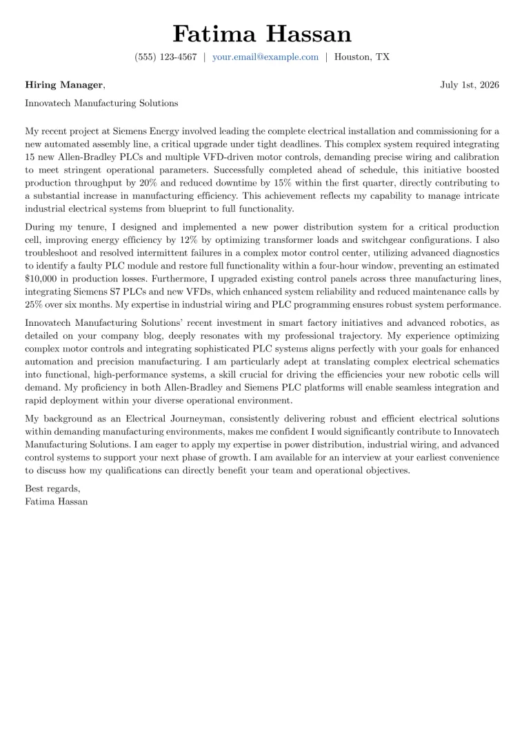 Electrical Journeyman cover letter example