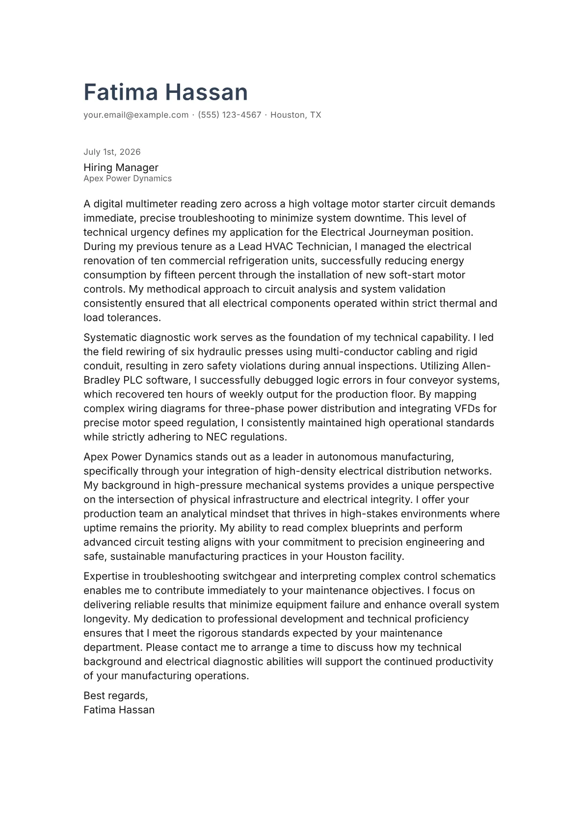 Electrical Journeyman cover letter in the Minimal design