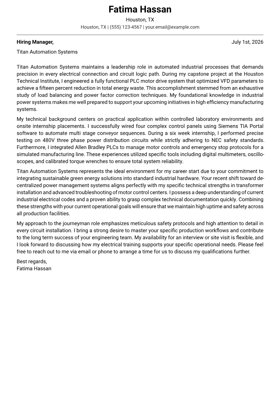 Electrical Journeyman cover letter in the Modern design