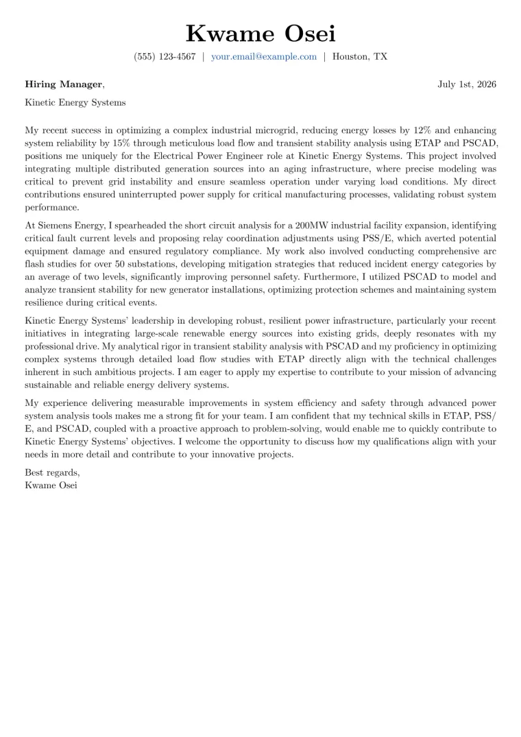 Electrical Power Engineer cover letter example preview