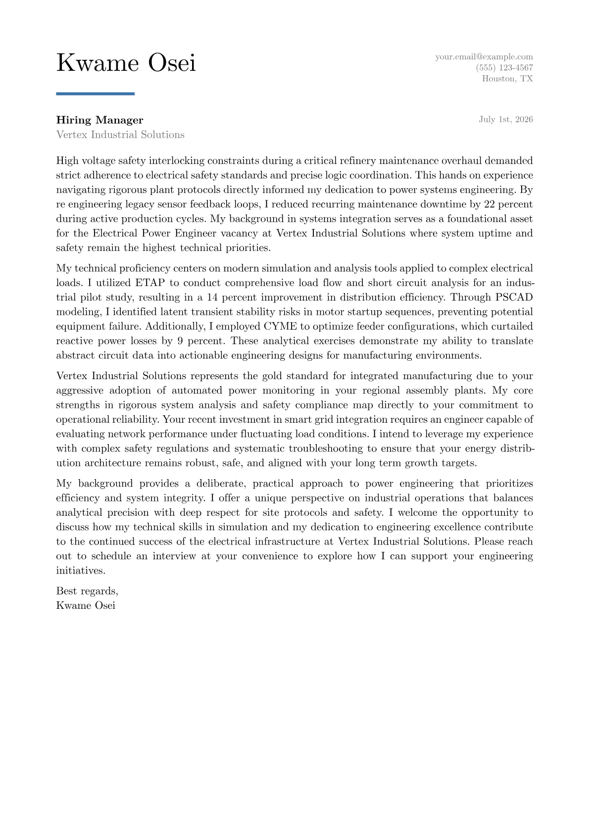 Electrical Power Engineer cover letter in the Executive design