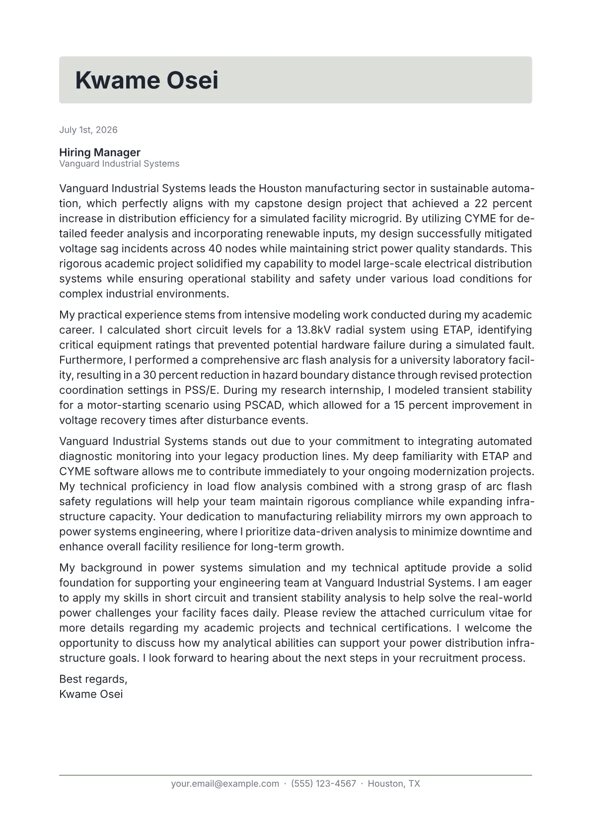 Electrical Power Engineer cover letter in the Letterhead design