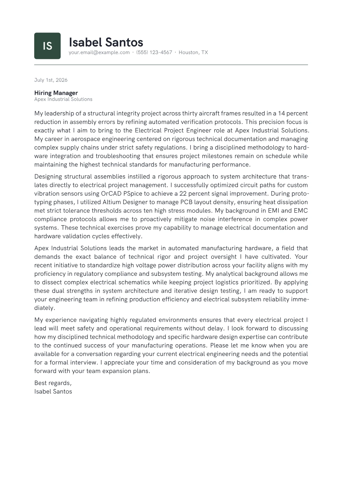 Electrical Project Engineer cover letter in the Emblem design