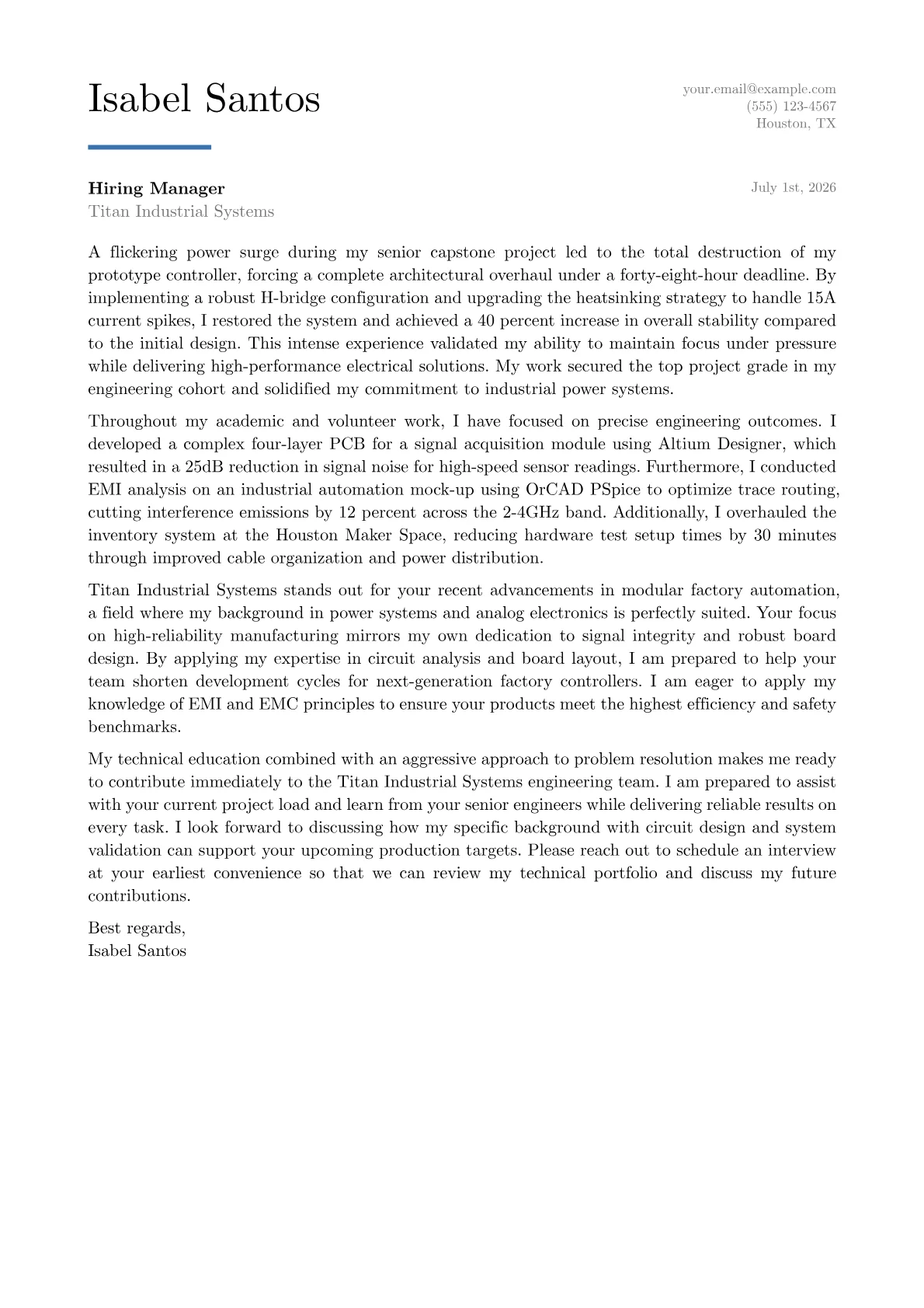 Electrical Project Engineer cover letter in the Executive design