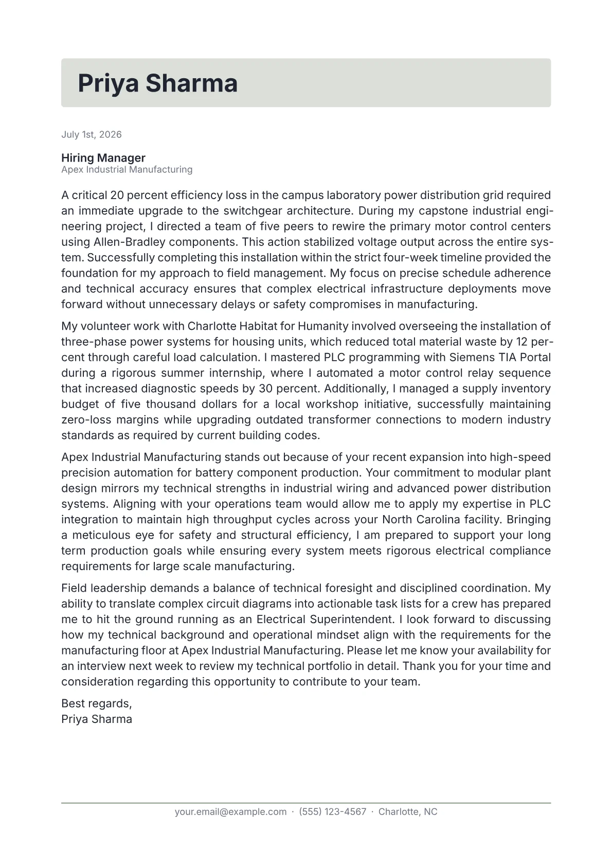 Electrical Superintendent cover letter in the Letterhead design