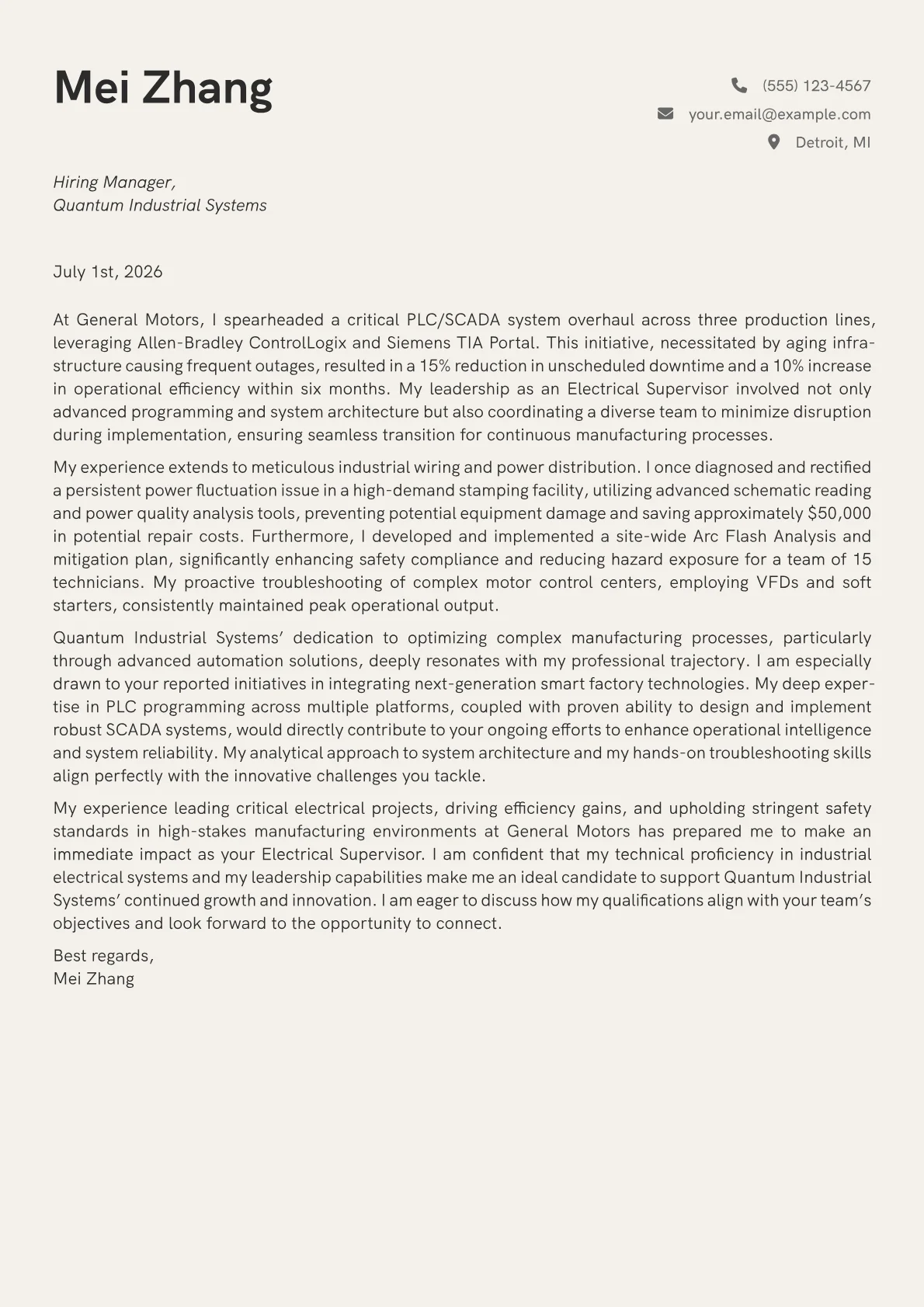 Electrical Supervisor cover letter formatted with a JobSprout template
