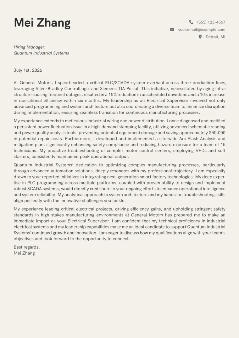 Electrical Supervisor Cover Letter Example