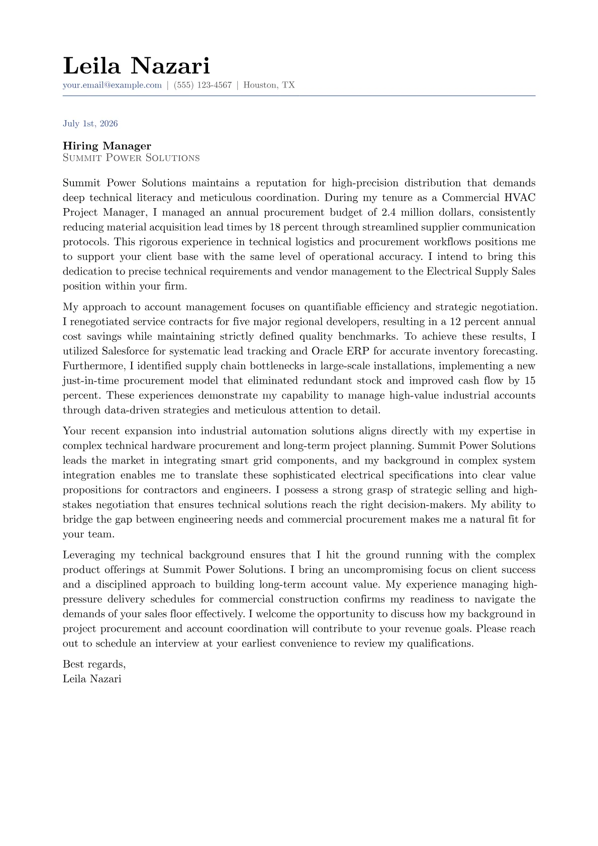 Electrical Supply Sales cover letter in the Classic design