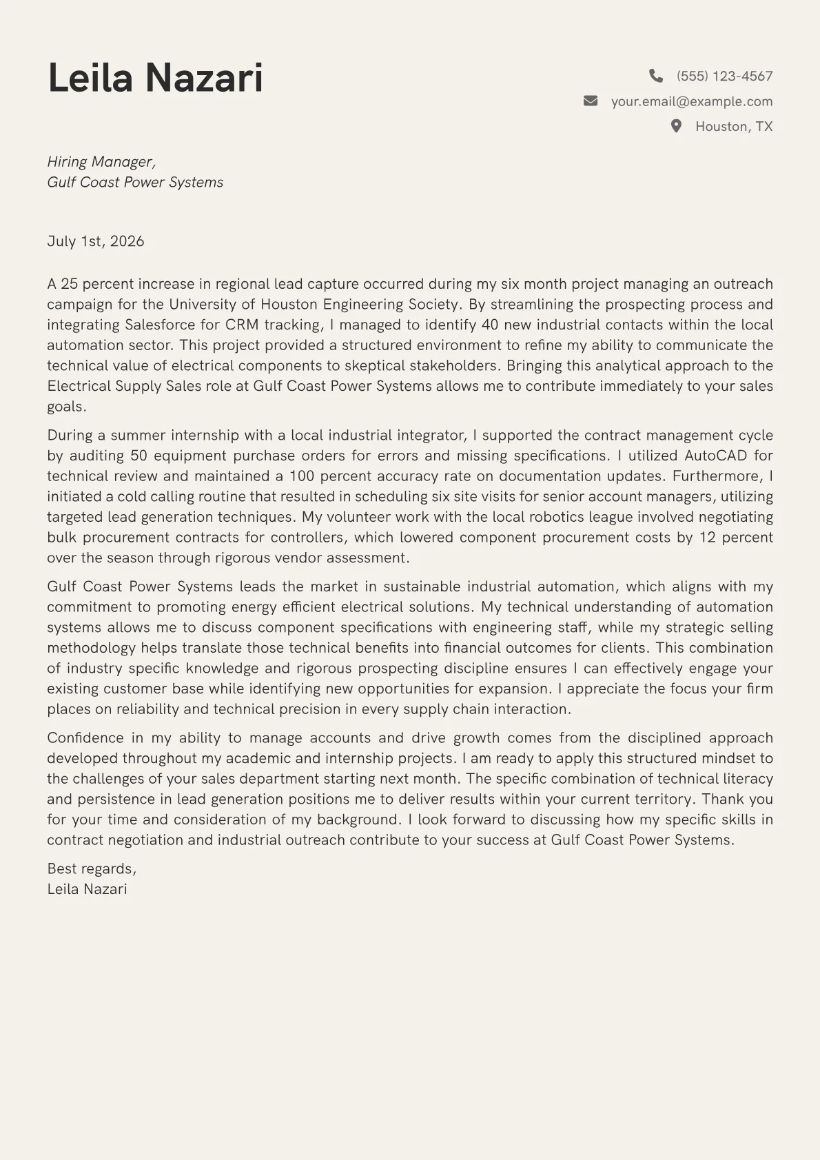 Electrical Supply Sales cover letter in the Creative design