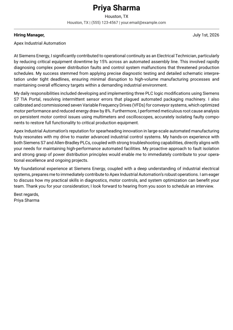 Electrical Technician Cover Letter Example
