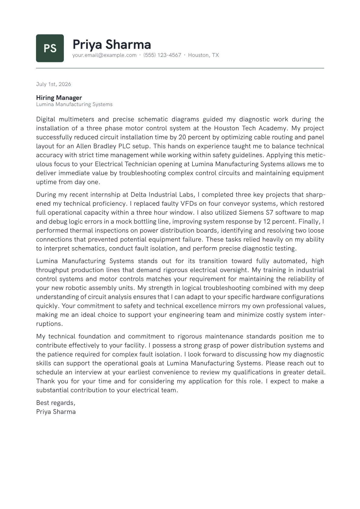 Electrical Technician cover letter in the Emblem design