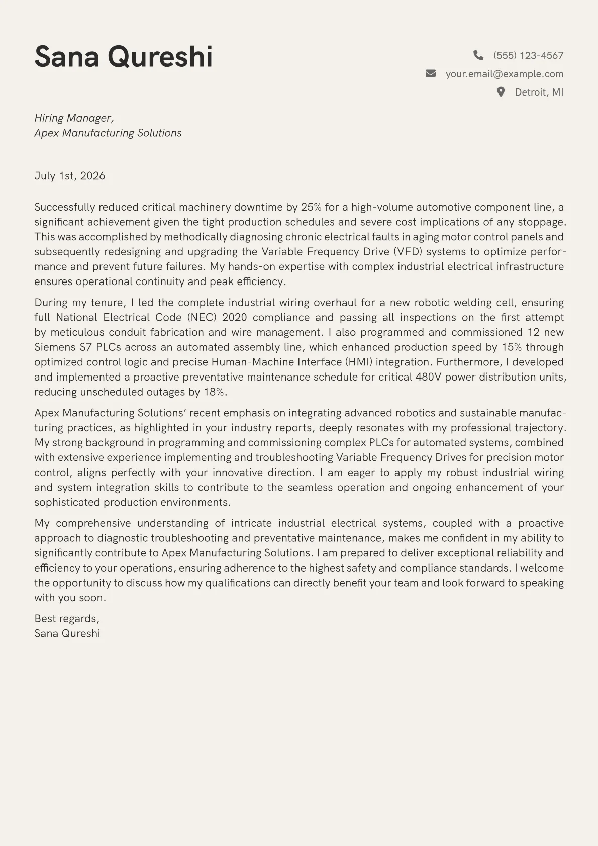 Electrician cover letter formatted with a JobSprout template
