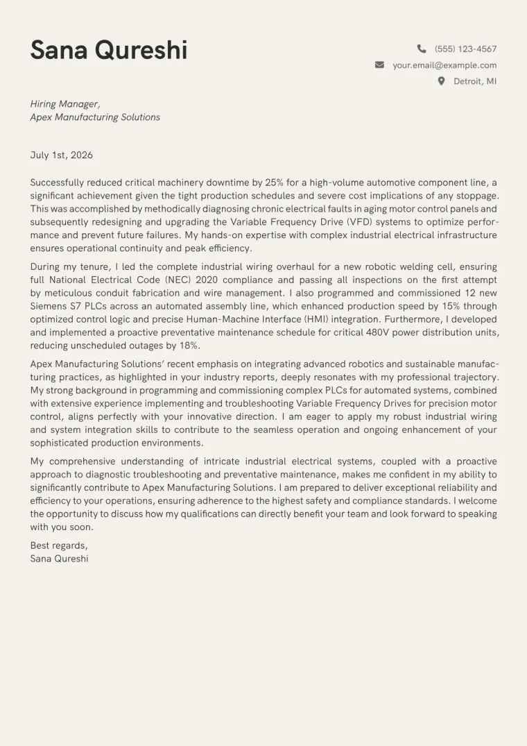 Electrician Cover Letter Example