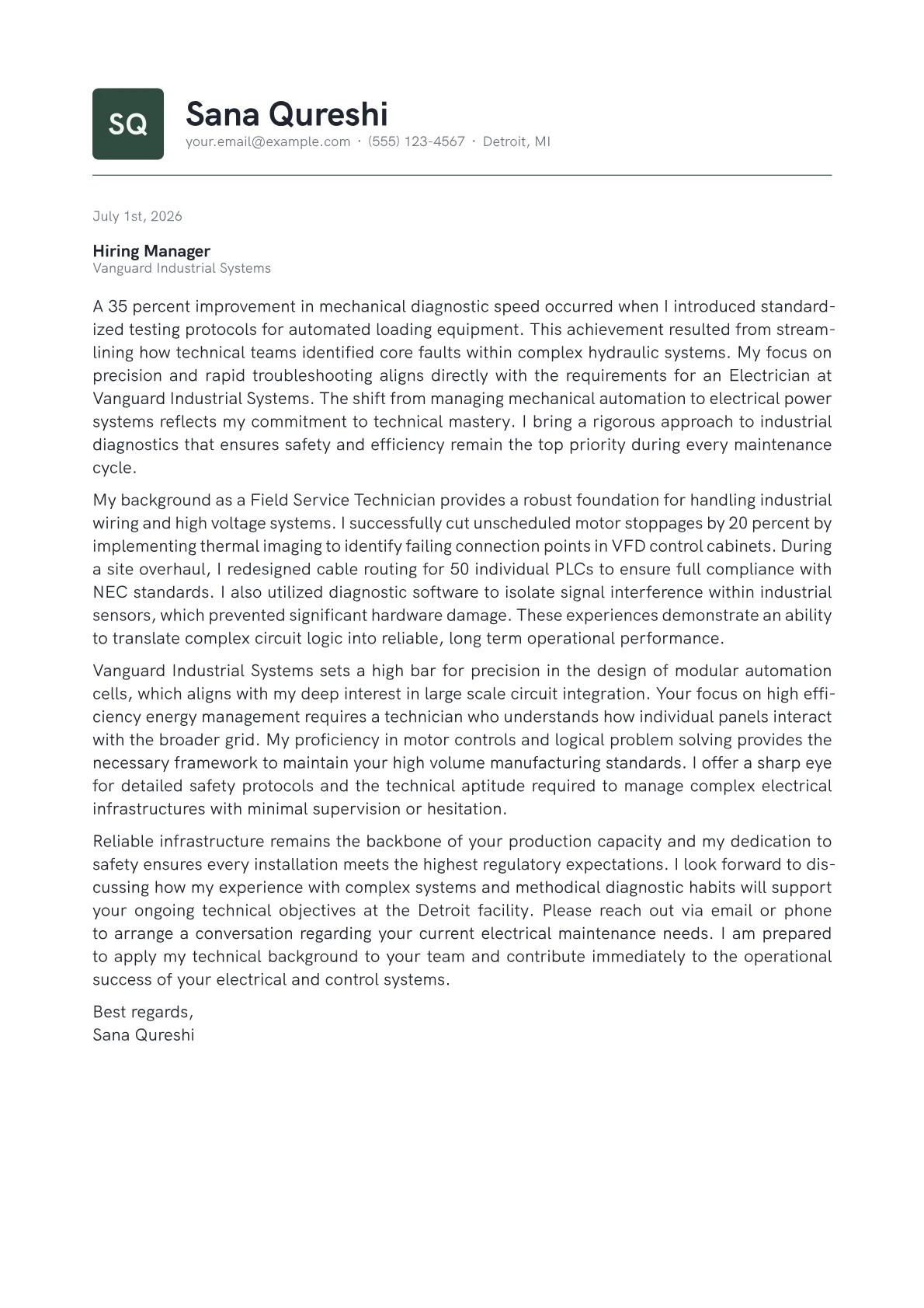 Electrician cover letter in the Emblem design